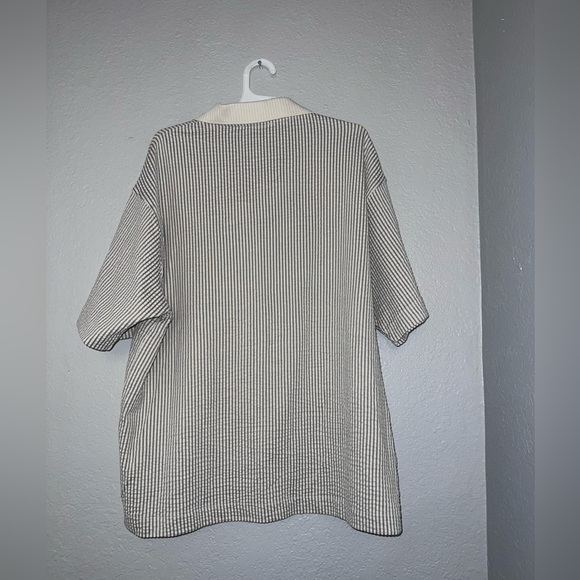 Zara Women White Gray Stripe Relax Loose Fit Collard Tunic Top Shirt - Picture 3 of 6